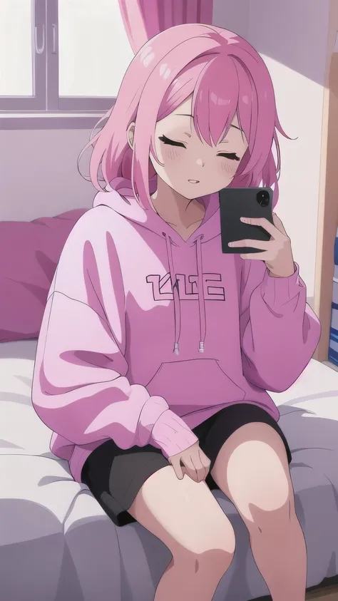 a YouTuber , young girl, dressed in pink hip-hop clothes , enjoying online games in her room at home in the middle of the night, anime style, parted lips, having a mobile phone, closed eyes, (seed 1707440033)