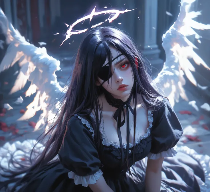 1Fake girl(Purple black hair、Straight Very Long、Red Eyes、Eye patch）（Gothic Dress，(Fallen Angel&#39;s Black Wings)）(standing)（Standing with the red moon behind me、wideShot）（Floating black feather）