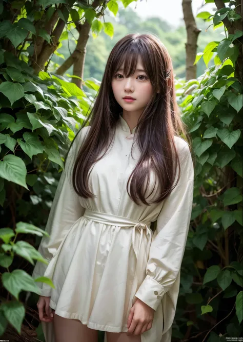 1 Female、、Long hair with bangs、Standing in a heart-shaped hole in the ivy leaves wrapped around a thick tree、Cute girl、In the forest、Pale Moon Night、The moon is half hidden by the clouds、Fantastic、High color reproducibility、Attention to detail、、Fascinating...