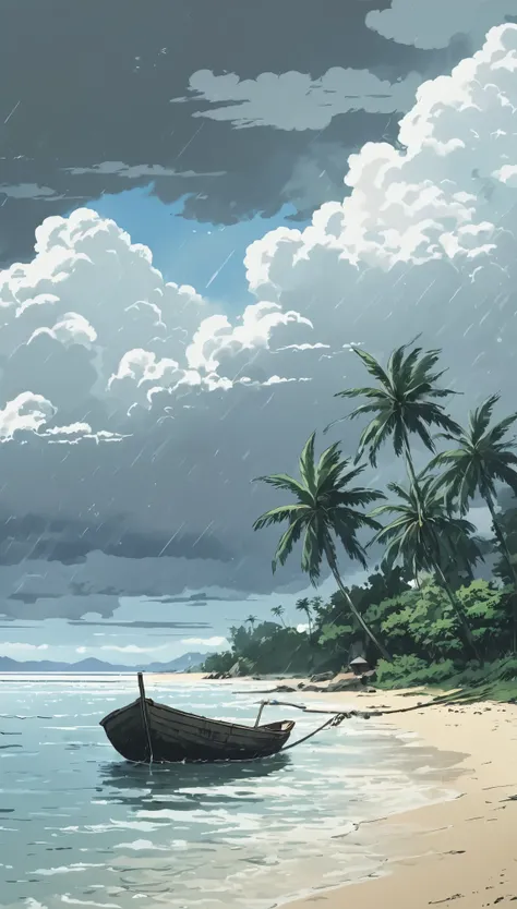 (Minimalism:1.4), Draw a simple Tintin style art, an old hut on an island!!!,,   palm trees sky cloud white-gray stormy rain<<<<  microdetalle profesional studio Ghibli, miyazaki,  , Makoto Shinkai!!, anime movie background best quality best of SeaArt HD
