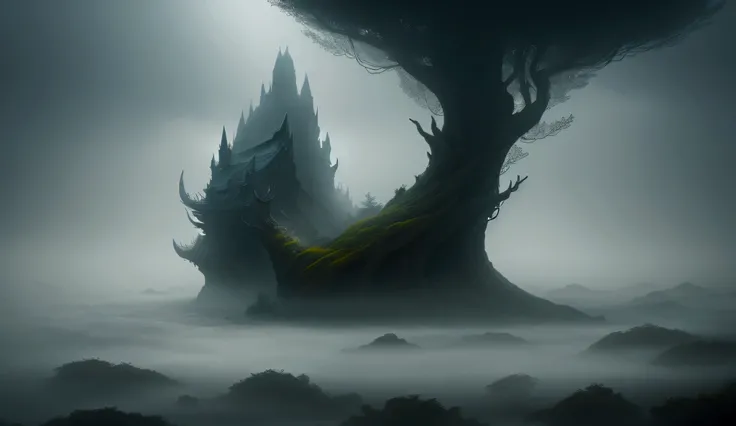 hard fog, surreal nature elements, fantasy elements
