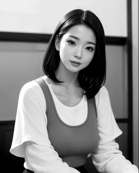 1 Female、(Alone:1.3)、(so beautiful)、(Super beautiful face)、Japanese actresses of the 1950s、(Popular clothing in America in the 1950s)、Upper body shot、(Black and white photography)