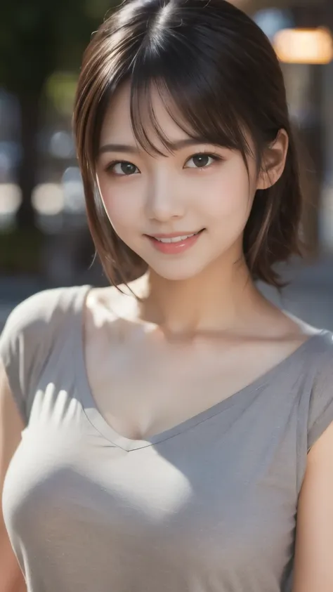 8k、Best Quality、(Representative works:1.2)、(Genuine)、(Genuine:1.37)、Ultra-high resolution、Female college student、Droopy eyes、Beautiful teeth alignment,smile、Well-formed fingers、ponytail、Around town、(Cute casual clothes)、Big Breasts、Perfect body、Perfect fin...