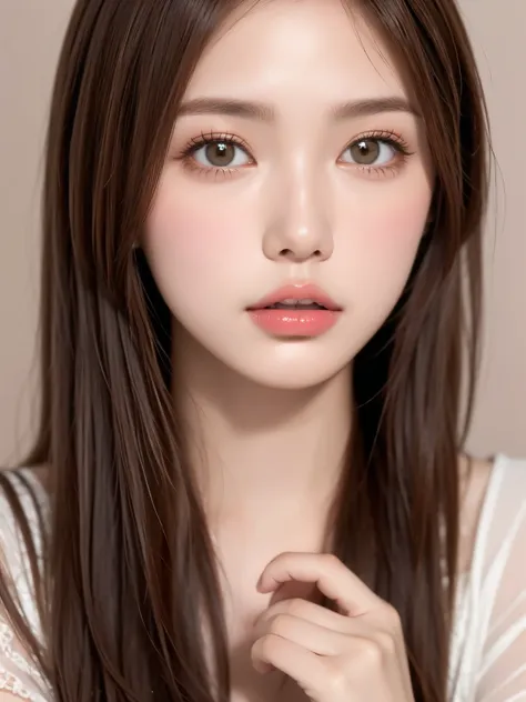 a close-up portrait of a young woman with a calm, soft expression, featuring a minimalistic makeup style and a delicate look. sh...