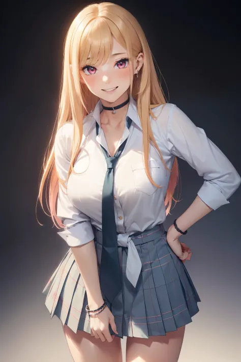 (masterpiece, best quality, ultra-detailed, ultra-HD, photorealistic, cinematic), (alluring anime girl), (Marin Kitagawa), perfect body, , perfect face, perfect hands, delicate face, (large cleavage), round ass, (long round legs), (wide shot, full body vie...