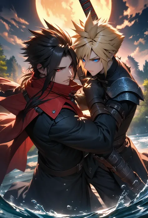 absurdres, highres, ultra detailed, HDR, masterpiece, extremely detailed face and eyes, beautiful eyes, perfect face, delicate features, expressive blue eyes, blond spiky hair, Cloud Strife, Final Fantasy with Vincent Valentine, expressive red eyes and lon...