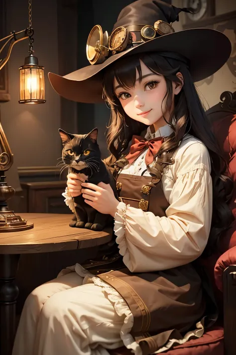 (Best Quality:1.2)。steampunk。One Girl。Little cute girl。Steampunk Witch。Light brown fluffy long hair。Relaxing on the sofa in my room。A happy smile。Holding a cute black cat familiar。Tea and sweets on a small table。The background is inside the witch&#39;s hou...