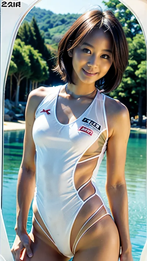 beautiful, wide, white sand beaches of the south pacific、(((20 year old busty japanese gravure model)))、short hair、(((transparen...