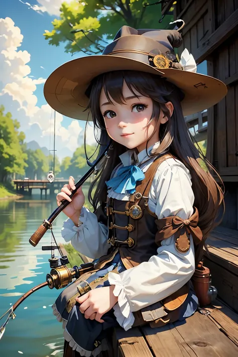 (Best Quality:1.2)。steampunk。One Girl。Little cute girl。Steampunk Witch。Light brown fluffy long hair。Fishing with a fishing rod on a small pier by a stream。Dozing off。smile。The background is blue sky and white clouds。