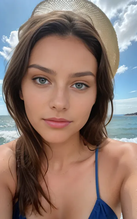 Selfie shot belle fille russe brune aux reflets blonds, corps complet, at the beach, porter maillot de bain rouge ,vacances à la la plage,cool, Sandy beach, , Very detailed, 21 ans, visage innocent, natural wavy hair, blue eyes, High resolution, masterpiec...