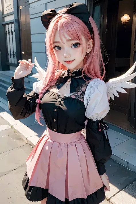 anime style、story、、beautiful girls、very cute angel、pink gothic dress、cute、baby face、smile、long skirt、black boots、very cute headb...