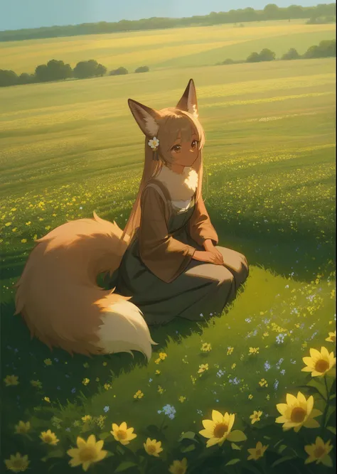 Fox, (Monster Girls), With long brown ears、The inside is dark brown, Brown fur, Tan neck hair, Brown fluffy tail with tan tip, Big brown eyes, Modest clothing, Sitting in a flower field, masterpiece, Best Quality