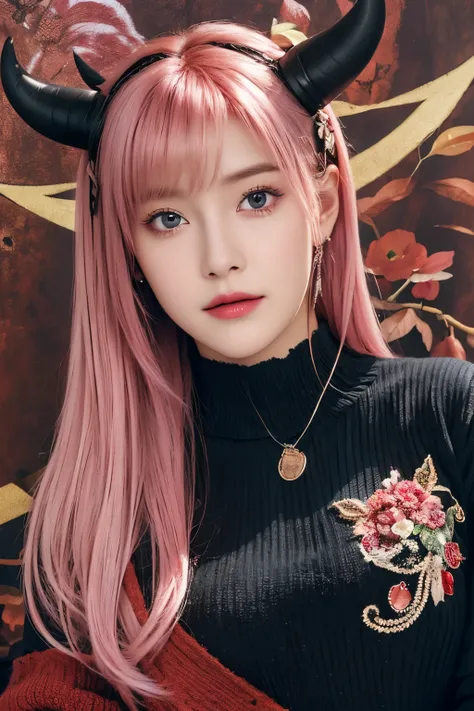 (masterpiece, best quality, cute detailed wallpaper), (high-resolution, ultra-detailed, beautiful), (masterpiece, best quality), Illustration is detailed, Many decorations, upper body, from above, one women
18 years, Glowing red eyes, pink Hair, (, 2-tones...
