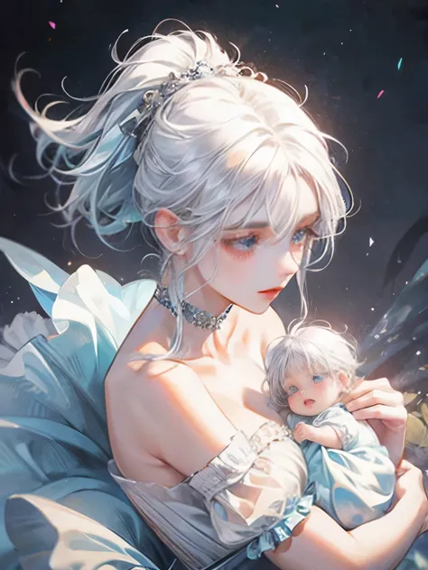 girl, White hair, Opal-like gem, newborn baby, baby, cute dress, movement, 