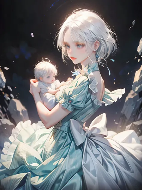 girl, White hair, Opal-like gem, newborn baby, baby, cute dress, movement, 