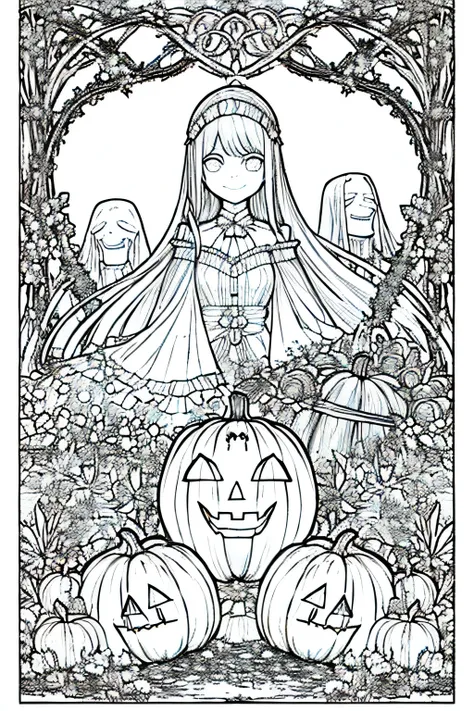  A pumpkin patch where the pumpkins have slightly sinister smiles, and ghostly figures are hidden among the vines.