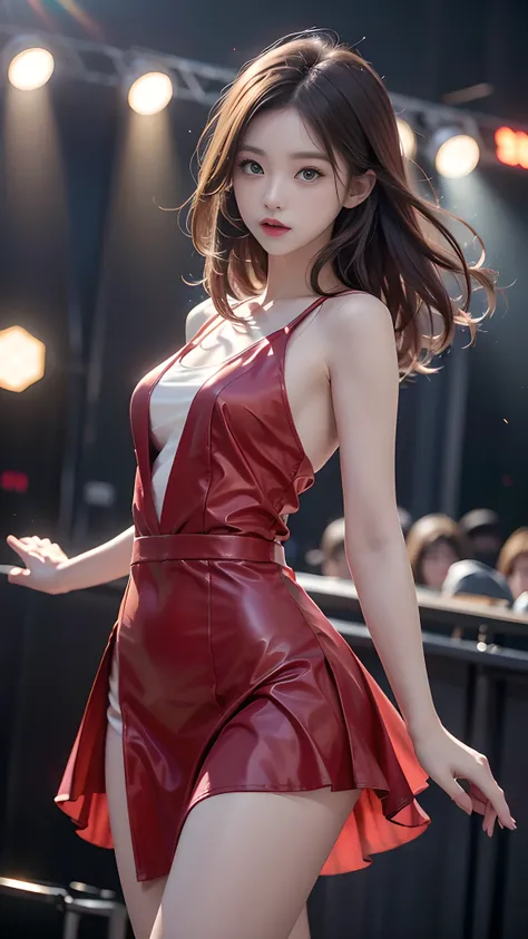 ulzzang-6500-v1.1, (RAW photo: 1.2), (Real photo), (Real photo: 1.4), 1 girl、Perfect anatomy、1、Looking at the camera、Medium length hair、dance dress, ((performing on stage: 1.1))、(Business service)、Asian eyes Ella,