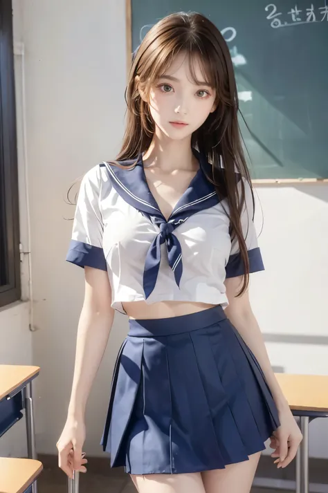 (Ultra HD), (Looking at me), (Short-sleeved sailor uniform, Navy blue mini skirt), Big Breasts, Super beautiful breasts, Slender, (Thin legs:1.2), (Thin thighs:1.2), (Thin Hips:1.4), (Beautiful Skin, Shiny skin, White skin), (Super slim face, Super beautif...