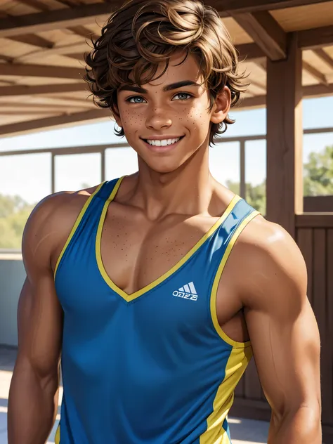 (best quality), 1boy, male, tanned skin, brown hair, short  hair, wavy hair, hazel eyes, perfect eyes, freckles, athletic wear, ...