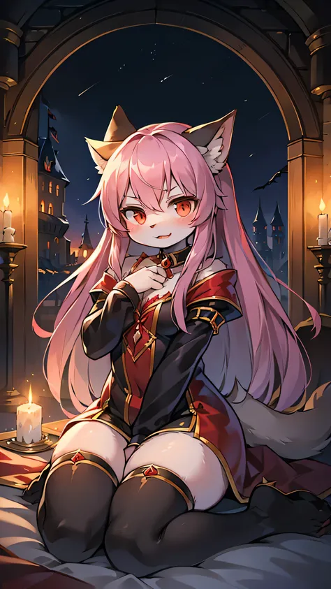 woman，Small，Long hair，cute，Furry，Vampire personification，In the castle，At night，Proud，A look of contempt