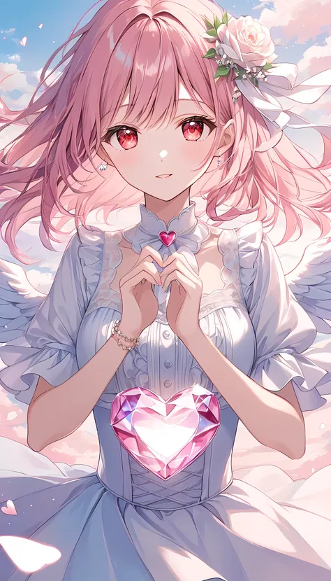 One woman,pastel,Pink Hair,Red eyes,Shining Eyes,Like a jewel,Making a heart with hands,Express your love,Flying Hearts,A touching scene