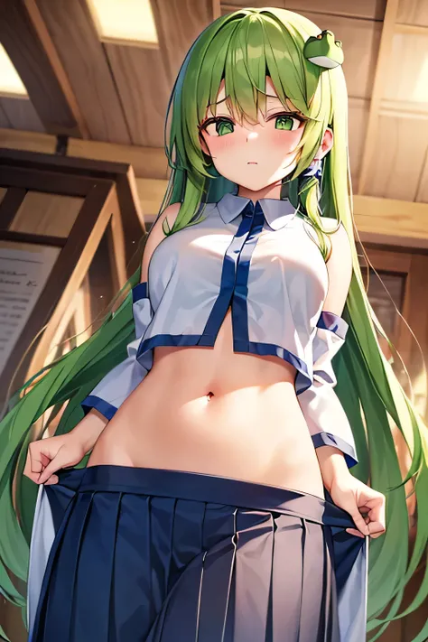 super fine illustration, vibrant colors, masterpiece, sharp focus, best quality, depth of field, cinematic lighting, ultra detailed, blush, navel, shrine maiden, kochiya sanae, looking down, very long hair, green hair, green eyes, hair tubes, frog hair orn...