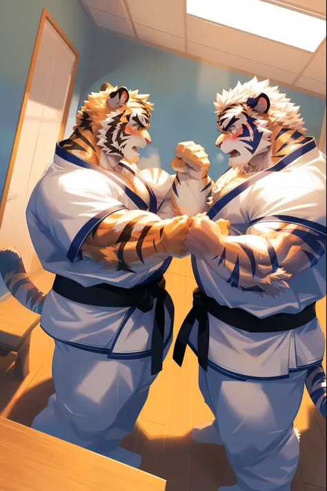 anthropology, hairy, hairy male, Tiger, (Fluffy fur, Fluffy, hairy body), (Tiger print),  (duo:1.6), youth, muscular, White skin, White big muscle, Golden pupils, defaced face, Fundos, Karate Master, White costume, Black belt，pink tit clusters, Very long l...