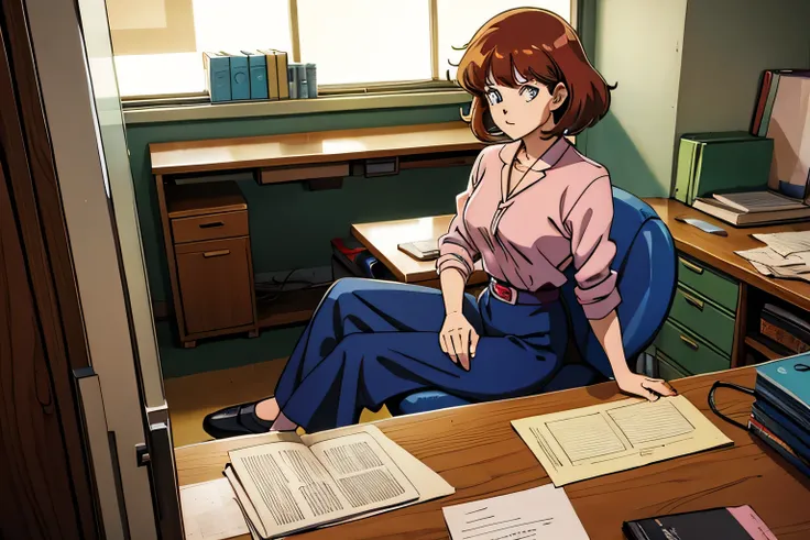 An anime-style character from the 1980s sitting at a cluttered desk in an old-fashioned office