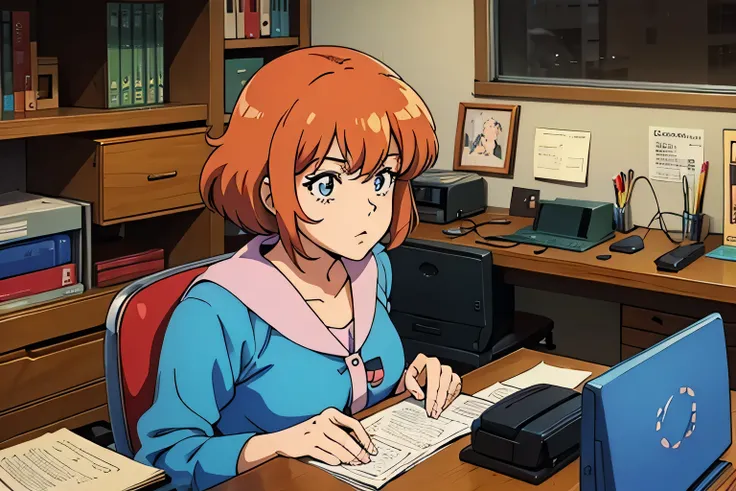 An anime-style character from the 1980s sitting at a cluttered desk in an old-fashioned office