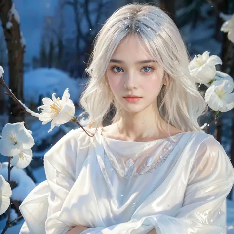 1girll,(Snow,Ice), snowflower, In winter, White hair, Shiny hair, Wavy hair, Transparent clothes, frilld, Lace, Wet clothes, Off_Shoulder, hair scrunchie,Masterpiece, Telephoto lens, absurderes, Exquisite facial features