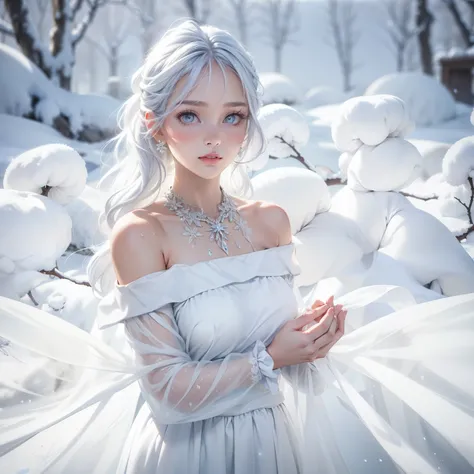 1girll,(Snow,Ice), snowflower, In winter, White hair, Shiny hair, Wavy hair, Transparent clothes, frilld, Lace, Wet clothes, Off_Shoulder, hair scrunchie,Masterpiece, Telephoto lens, absurderes, Exquisite facial features