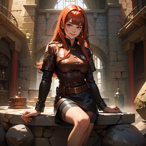 splash art of an eighteen year old woman, fair skin, incredibly cute beauty, round face, long big hair red like light copper wit...