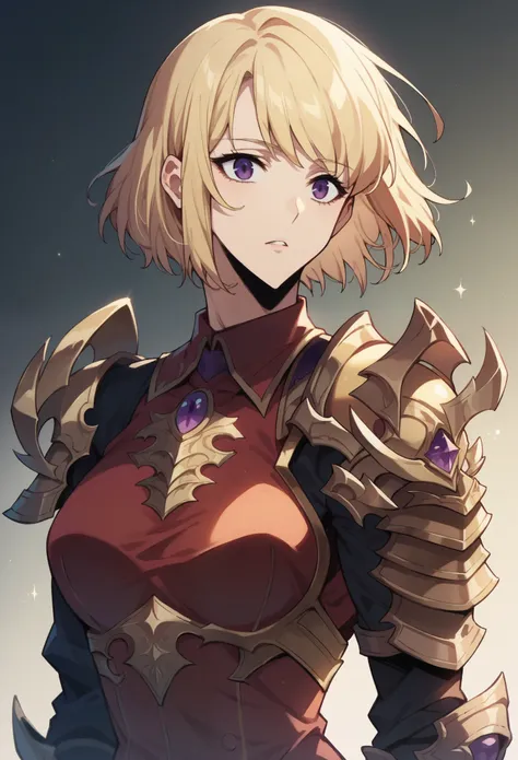 cha hae in,, blonde hair, purple eyes, short hair, medium breasts,
red dress, armor, shoulder armor, silver gold armor,