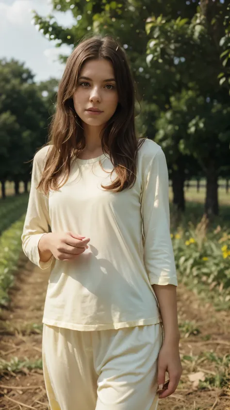 pale girl in the a farm with Yellow Pyjamas