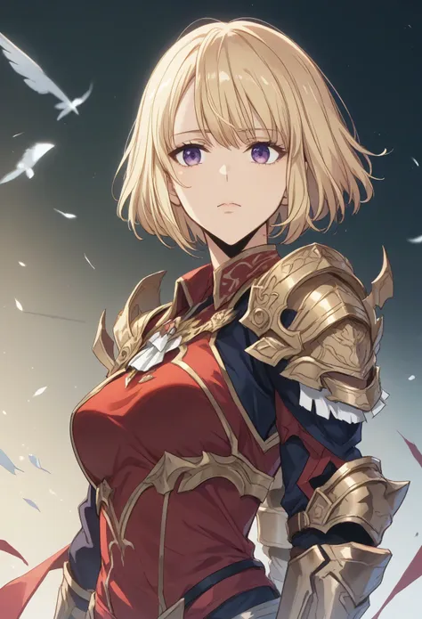 cha hae in,, blonde hair, purple eyes, short hair, medium breasts,
red dress, armor, shoulder armor, silver gold armor,