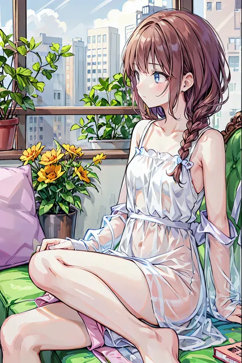 lily , multiple girls, 2 girls, lily, dress, sofa, brown hair，shortcuts，messy hair，short braided hair，neat，slender beauty，a dign...