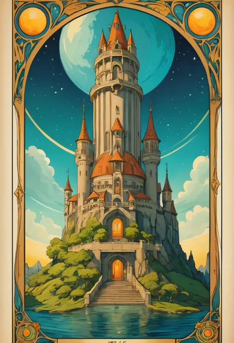 Major Arcana tarot card, No. 16. The Tower, Art Nouveau, high saturation
