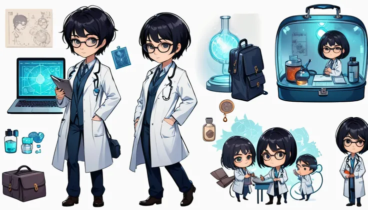 chibi style illustration magical doctor with short hair,black hair. who wore glasses, man and a lab coat, putting her hand into ...