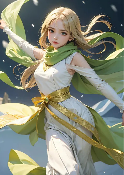 masterpiece, Best Quality, Realistic, (1 girl: 1.3), green、gold、White clothes, Shawl Long Hair, Jump, Leap, dance, green、gold、White clothes, Long skirt, Long scarf, Flowing, Light Armor, Snow White&#39;s Skin, bare shoulders, whole body, (From below:1.5), ...