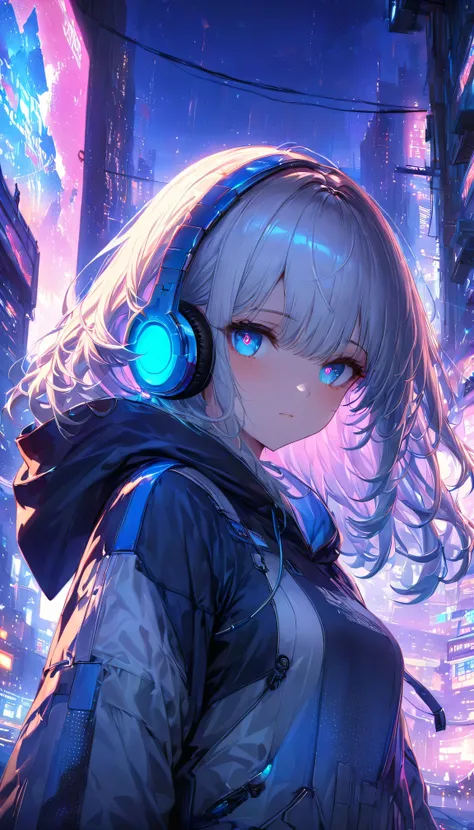 A vibrant cyberpunk city at night, featuring a young woman with bright blue eyes and short, wavy silver hair. She wears oversized headphones glowing with blue neon lights that match the futuristic atmosphere around her. Her clothing is a dark hoodie with r...