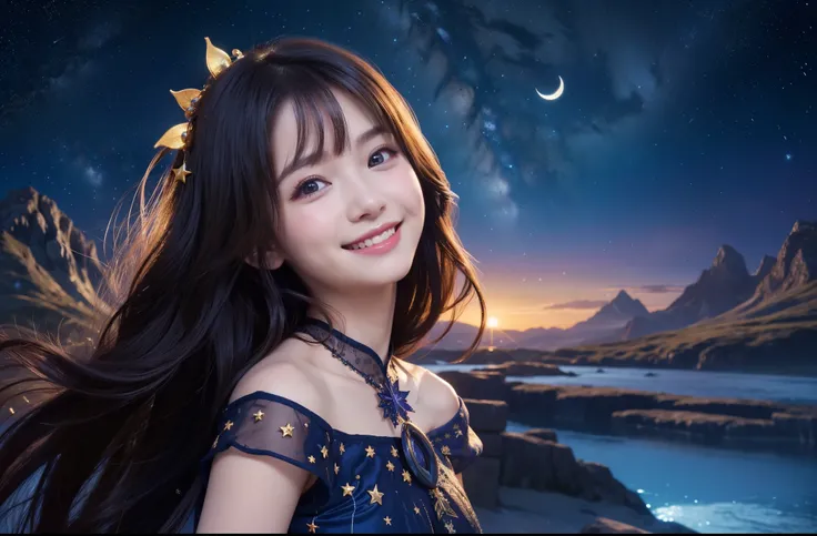 Best Quality　masterpiece　detailed　A very cute girl is smiling and looking at the many stars in the night sky　Crescent Moon　Fairy tale　Fantasy　Fantasy　Photo style