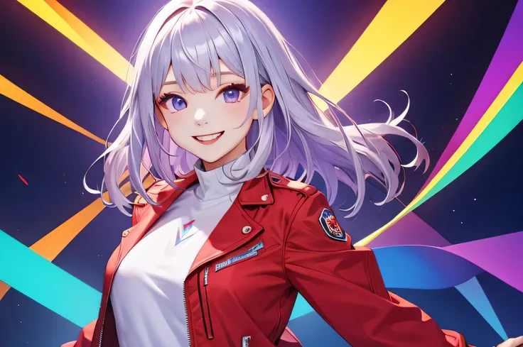 Red jacket、Red pants、White shirt、high quality、Silver Haired Girl、smile、Upper Body、Dynamic composition、Black and purple fantastic background