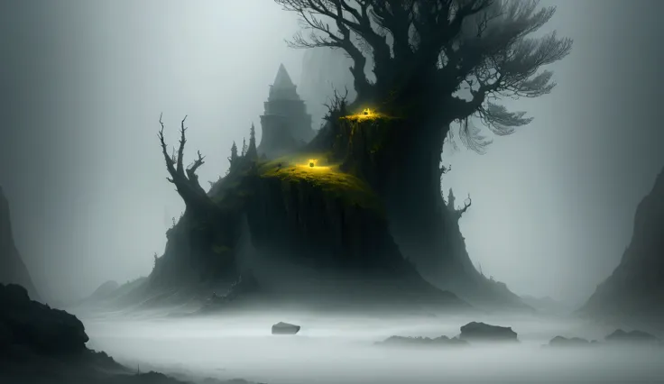 hard fog, surreal nature elements, fantasy elements
