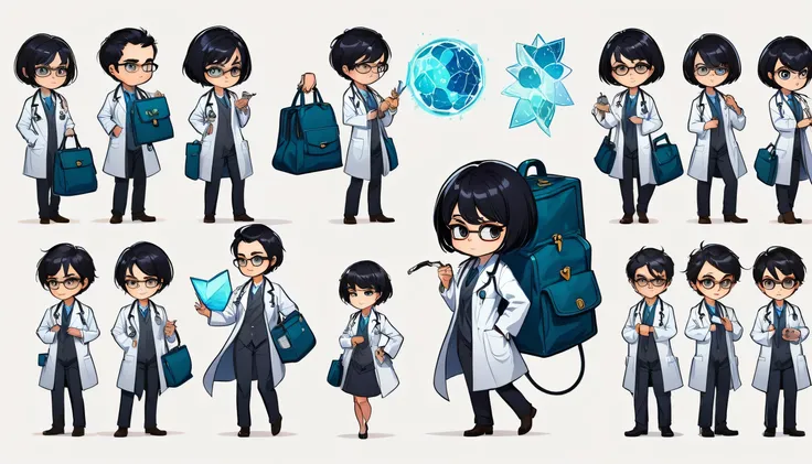 chibi style illustration magical doctor with short hair,black hair. who wore glasses, man and a lab coat, putting her hand into ...