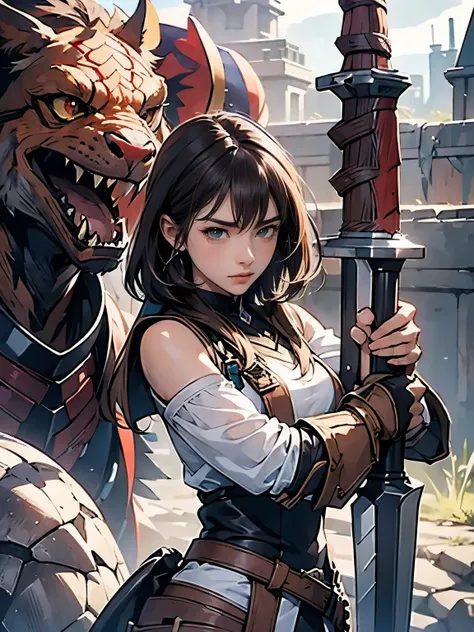 official art, Unity 8k wallpaper, Super detailed, masterpiece,Brown Hair, Female Monster Hunter, Red eyes, Serious expression, Monster Hunter Style, Sword in hand, , Attention to detail