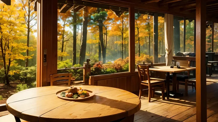 Fantasy world view, In the forest, A cozy café, like something out of a Hayao Miyazaki film. The interior exudes a warm and inviting atmosphere, with steam rising from freshly brewed coffee.One round table,　Steaming coffee on the table,  Outside the window...