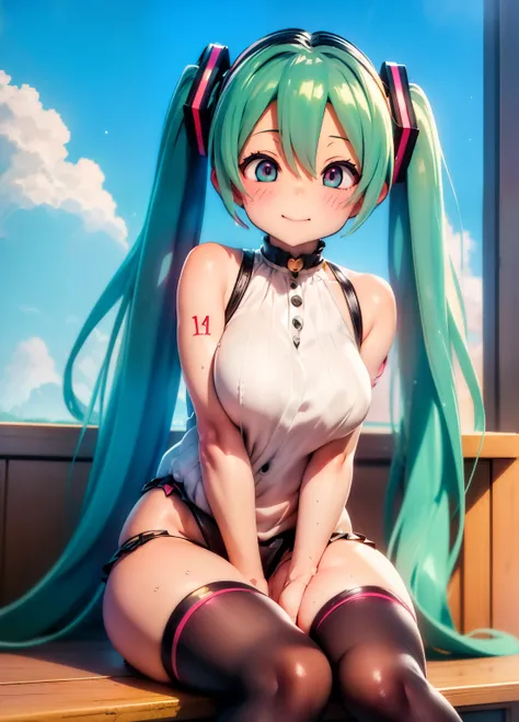 (masterpiece、Best Quality、Best Quality、Official Art、Beautiful and beautiful:1.2)、(One person:1.3)Hatsune Miku、Twin tails,Beautiful breasts,Anime cat-eared girl sitting on a shelf and looking at the sky, Anime illustrations inspired by Makoto Shinkai, Trend...