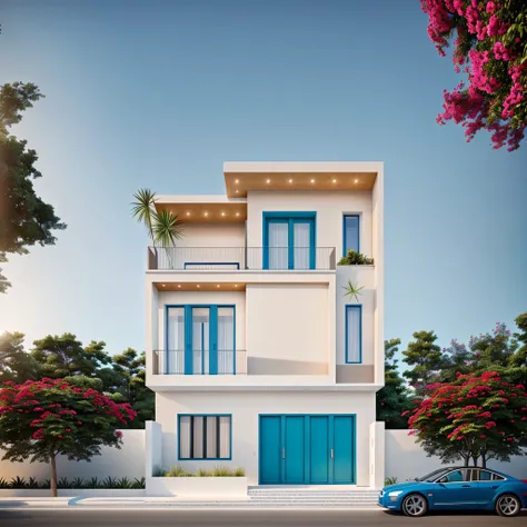 (1 santorini style house, The town house is made from white walls and some walls are painted bright blue)), beautyful light, beautyfulday, sunny, Many red bougainvilleas along the road:1.3, lovely youthful feeling :1.2, sunlight at 12 noon, Very beautiful ...