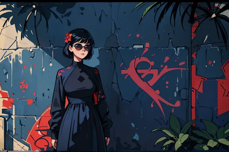 a woman in a navy blue dress standing in front of flowers,  ((8k, wallpaper, detailed)), dark sunglasses,  pop star, short black hair, pretty hands, fringe, simple red background, palm trees, (graffiti wall:1.2), strong, courageous, art by HRR. Giger, albu...