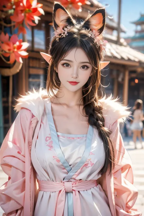 A girl,((Cartoon animal cosplay show,Fur textured bodysuit))((Animal strip cover))，Posing，((healthy：1.6))，(Beautiful big breasts：1.35)Extruded, ((obesity：1.38))，Round face，Elf，Small lips，Charming smile ,(Outdoor scene)，Very beautiful fantasy art,8K High-Qu...